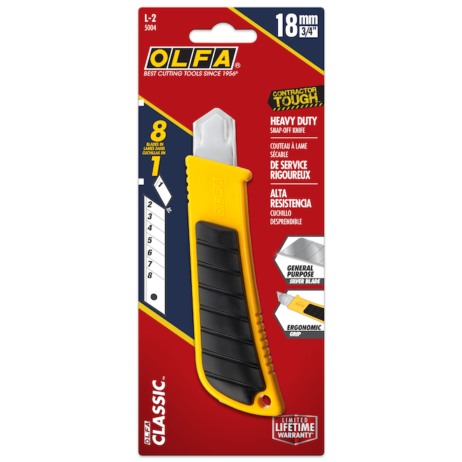 Olfa L-2 Heavy-Duty Utility Knife with Anti-Slip Grip - 18-mm - ABS Plastic and Steel - Yellow