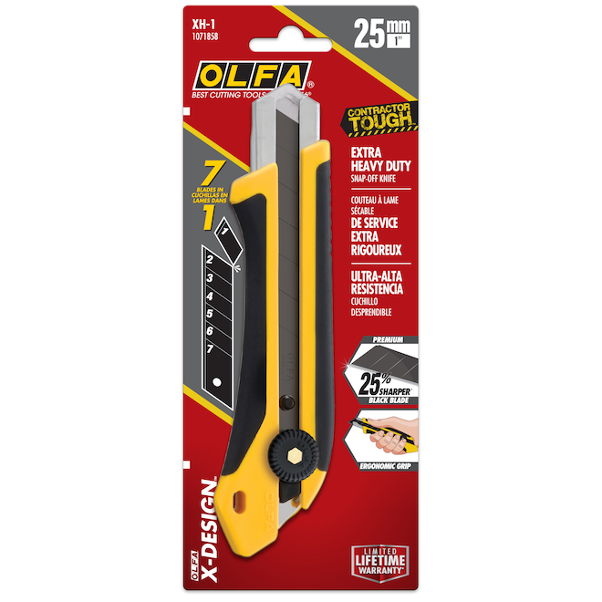 Olfa XH-1 Utility Knife with UltraSharp Black Blade - 25-mm - Rubber and Fibreglass - Black and Yellow