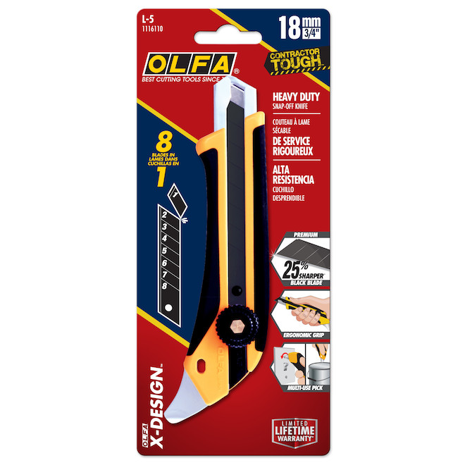 Olfa L-5 Utility Knife with Multipurpose Metal Pick - 18-mm - Fibreglass and Rubber - Black and Yellow