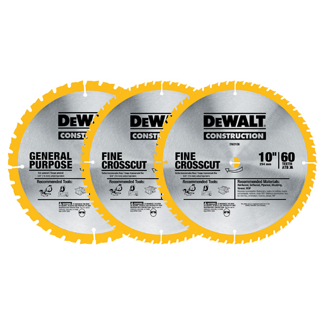 DeWalt Construction Saw Blade - 3-Piece Set - 10-in Dia - 32T and 60T - Tungsten Carbide Teeth