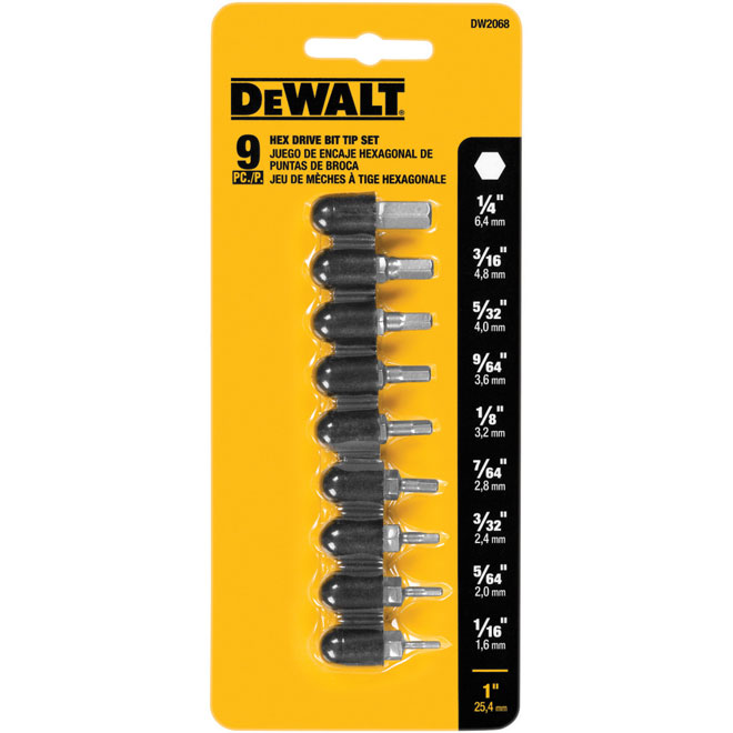 DeWalt 9-Piece Hex Drive Bit Set - S2 Steel - Hex Shank - Various Sizes  DW2068