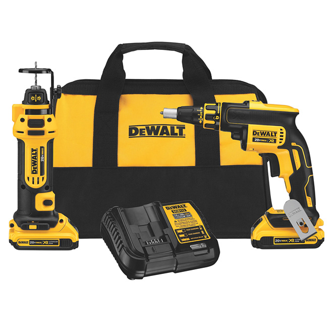 DeWalt XR Drywall Screw Gun and Cut-Out Tool Combo Kit with Batteries and Charger - Cordless - LED Light - Lightweight