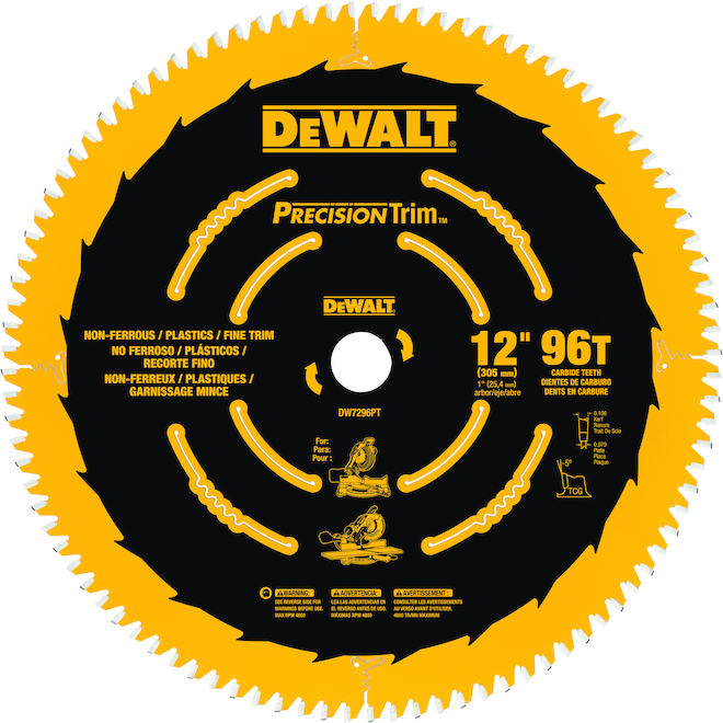 Lame de scie circulaire DEWALT Precision Trim de 12 po à 96 dents pour tronçonnage ultra-lisse