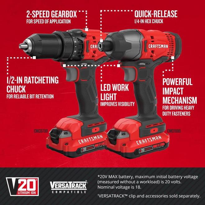 CRAFTSMAN 20 V Max Cordless Power Tools Combo Kit with Batteries and  Charger 500 RPM 100 BPM Quick Change CMCK200C2 RONA