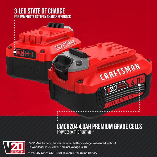 CRAFTSMAN V20 4 Ah 20 volts Lithium-Ion Batteries with 3-LED Light Indicator - 2/Pack