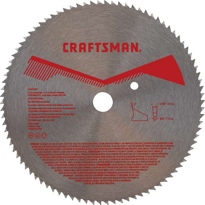 Lame de scie circulaire pour panneau Craftsman, 6 1/2 po dia, 90 dents, acier au carbone