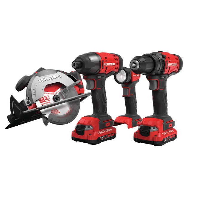 CRAFTSMAN V20 4-Tool Combo Kit with Batteries and Charger - LED Light - Variable Speed - Cordless
