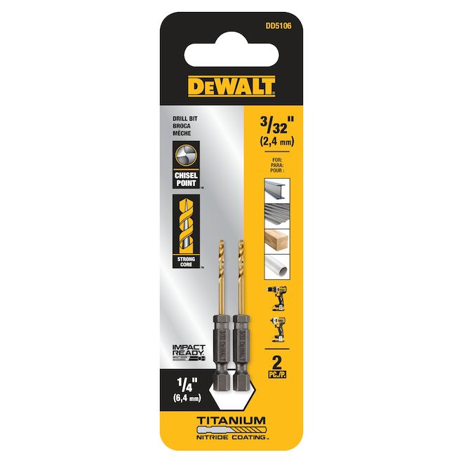 Foret DEWALT de 3/32 po x 2-7/16 po en acier rapide revêtu de nitrure de titane, pour droitier (2/pqt)