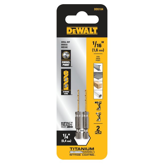 DeWALT 2-Piece 1/16-in x 2-1/4-in Titanium Nitride Coated HSS Right Handed  Twist Drill Bit DD5104