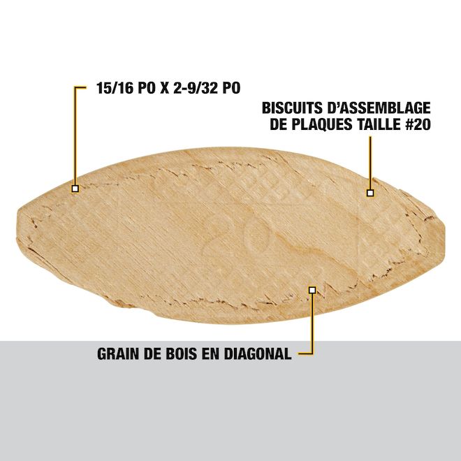 Lamelles d'assemblage DEWALT taille no 20, 0,94 x 2,28 po, 100/unités