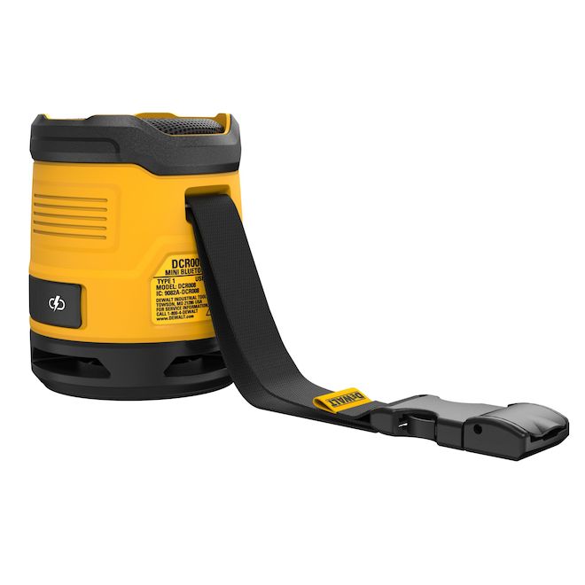 Mini haut-parleur rechargeable Bluetooth DEWALT pour chantier avec bandoulière et boucle