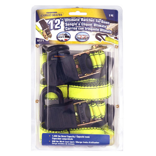 Stinson Ultimate Ratchet Tie-Downs - Yellow and Black - Vinyl-coated J-Hooks - 12-ft L