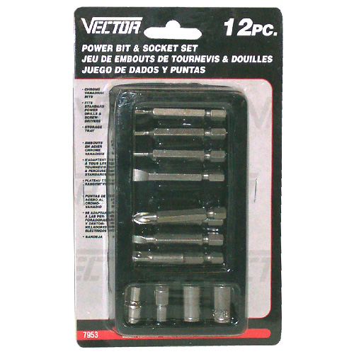 Vector Power Bit and Socket with Storage Tray - 12-Piece Set - Assorted Sizes and Drive Heads - Metal