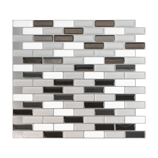 Tuiles murales autocollantes 3D Murano Metallik de Smart Tiles, 10 po x 10 po, gris/noir/blanc, résine lustrée, 4 pièces