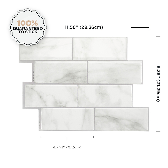 Smart Tiles Milenza Bari Lot de 4 feuilles de carreaux autocollants de 25,91 x 22,86 cm pour carrelage 3D Protection anti-éclaboussures pour cuisine salle de bain Aspect marbre