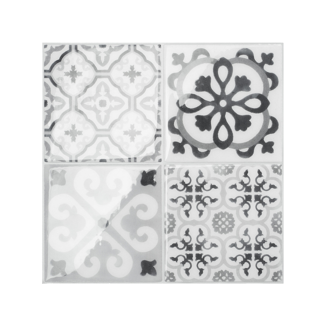Smart Tiles Vintage Bartoli Adhesive Backsplash Tiles - Resin - Black and Grey - 9 x 9-in - 4/box