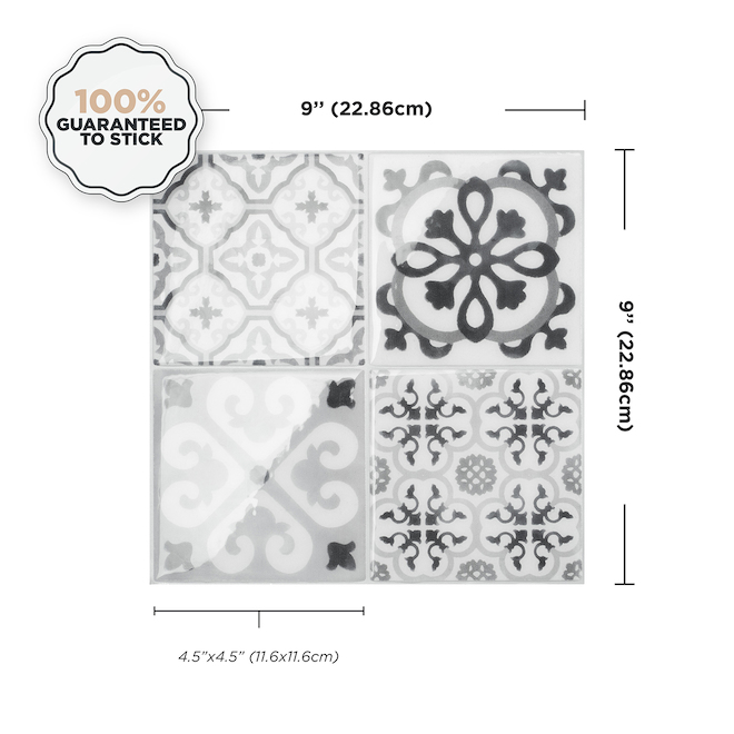 Smart Tiles Vintage Bartoli Adhesive Backsplash Tiles - Resin - Black and Grey - 9 x 9-in - 4/box