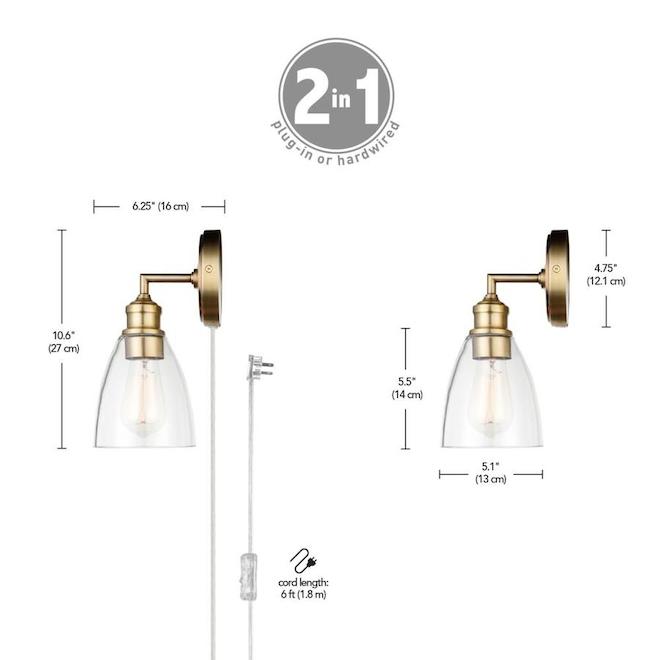 Globe Electric 2-in-1 Wall Sconce - 1 Light - Clear Glass - Matte Brass