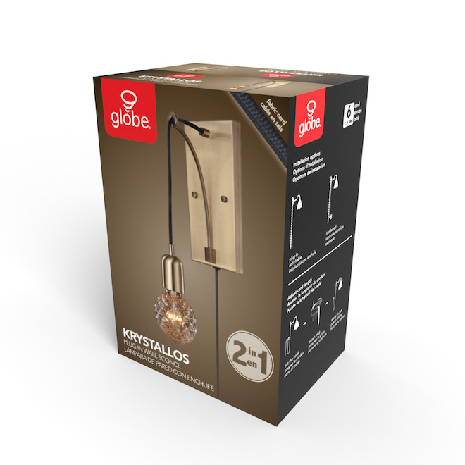 Globe Electric 2-in 1 Wall Light with Diamond Cut Light Bulb and Fabric Rope - Matte Black