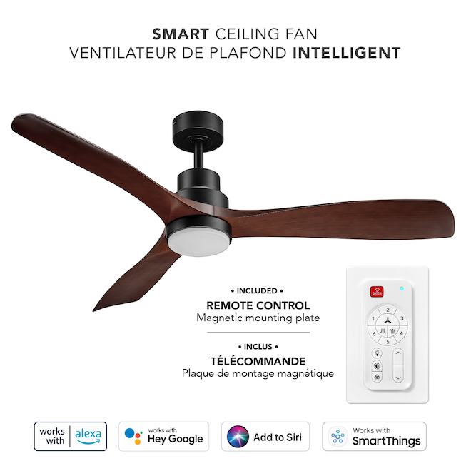 Globe Electric Smart Ceiling Fan Brown Wood and Frosted Glass 52-in