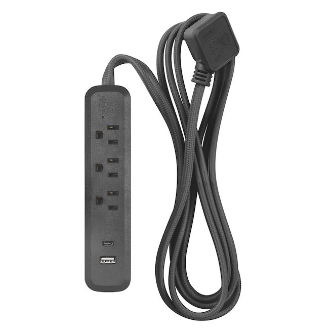 Rallonge électrique noire à 3 prises standard et 2 ports USB Globe  Electric, 6 pi