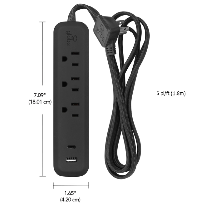 Rallonge électrique noire à 3 prises standard et 2 ports USB Globe Electric, 6 pi