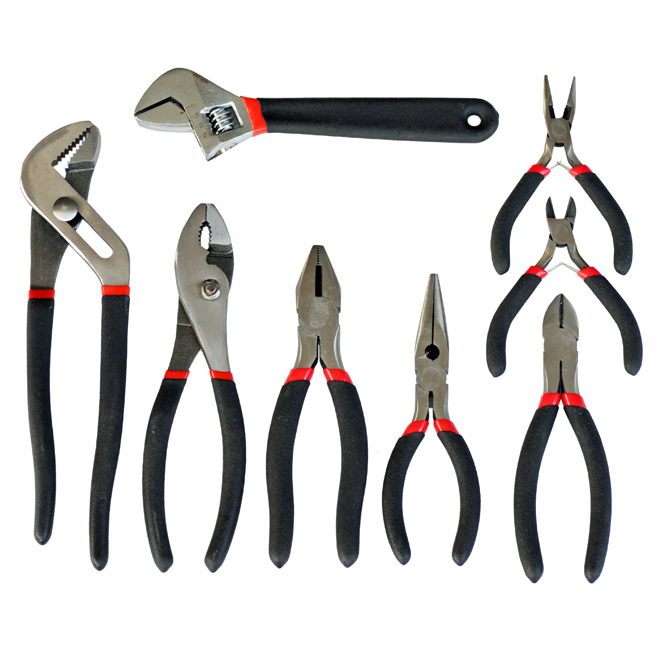 Set of Pliers and Wrench - Black and Red - 8PC