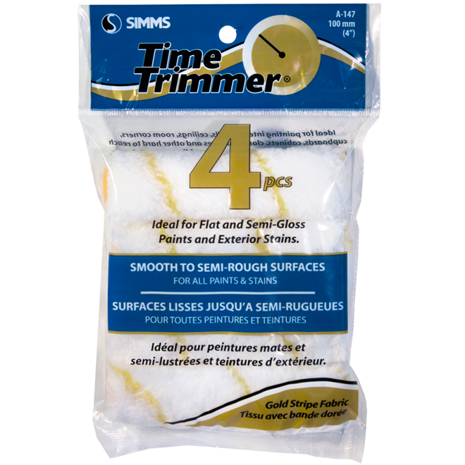 Mini-rouleaux Simms Time Trimmer, tissu à rayures dorées, surfaces lisses à semi-rugueuses, 4 po l., paquet de 4