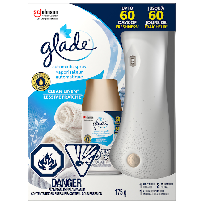 Gkade Automatic Spray Freshener with Clean Linen Scent - Includes 1 Spray Unit, 1 Refill and 2 AA Batteries