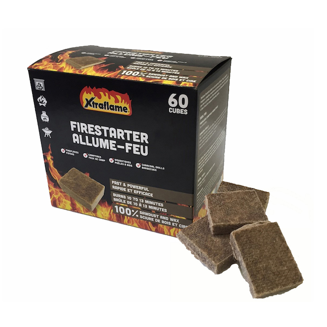 Allume-feu Xtraflame, cire et fibres de bois recyclées, 1 cube dure 10 à 13 minutes, 60 par boîte
