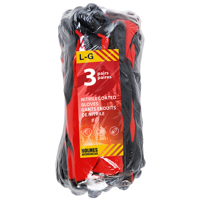 Holmes 3-Pair Red Nitrile Dipped Polyester Men Gloves Large Size