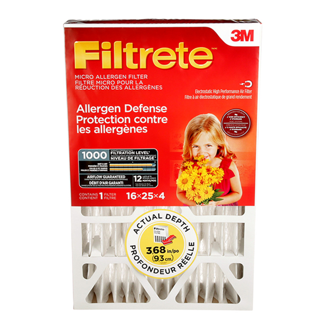 Filtre à air plissé électrostatique Filtrete 3M pour réduction des allergènes, 16 po x 25 po x 4 po, carbone, 1550 MPR