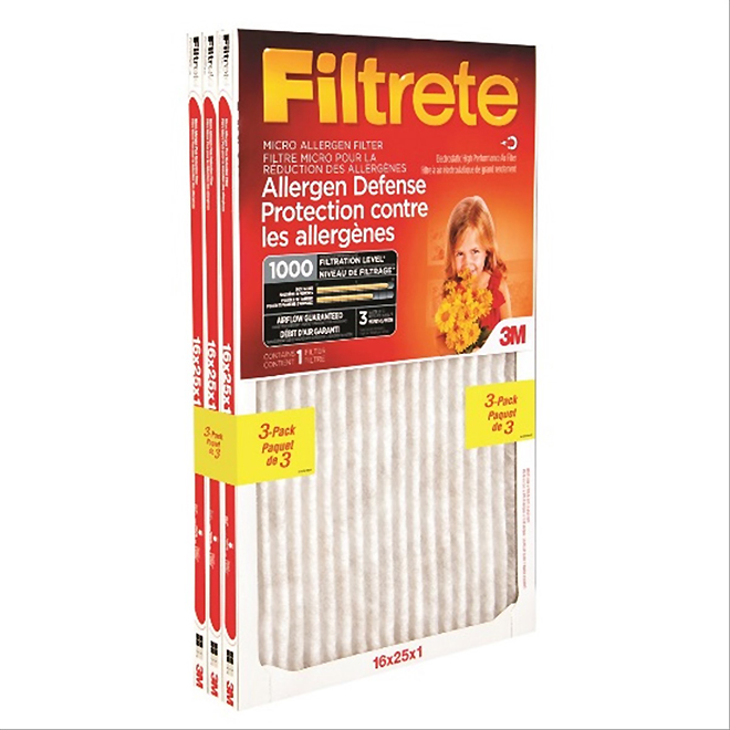 3M Filtrete Micro-Allergen Reduction Furnace Filter - 16-in x 25-in - Red - 3-Pack - 1000 MPR