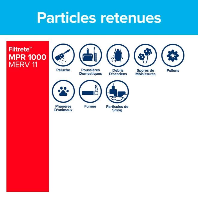 Filtres à air plissé réducteur d'allergènes pour fournaise Filtrete par 3M 16 x 25 po rouge MPR 1000 3/pqt