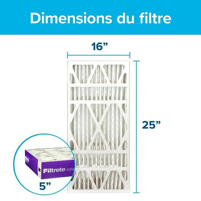 Filtre à air plissé électrostatique ultra réducteur d'allergènes pour fournaise Vie Saine Filtrete 3M, 16 x 25 x 5 po