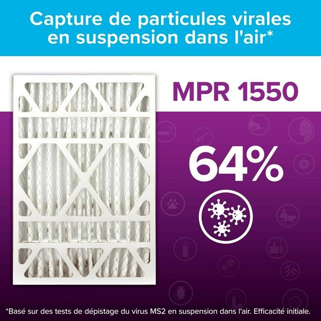 Filtre à air plissé électrostatique ultra réducteur d'allergènes pour fournaise Vie Saine Filtrete 3M, 16 x 25 x 5 po