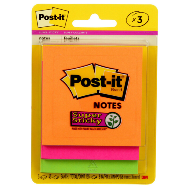 Post-it Super Sticky Notes of 3 x 3-in - Vibrant Colours - Pack of 3