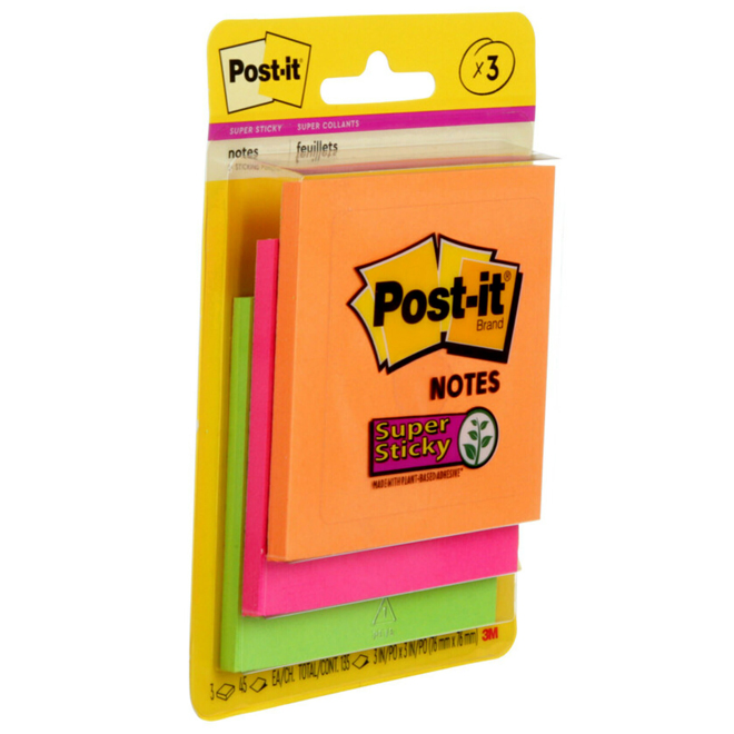 Post-it Super Sticky Notes of 3 x 3-in - Vibrant Colours - Pack of 3