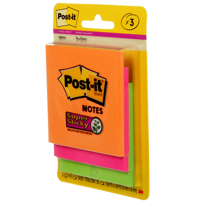 Post-it Super Sticky Notes of 3 x 3-in - Vibrant Colours - Pack of 3