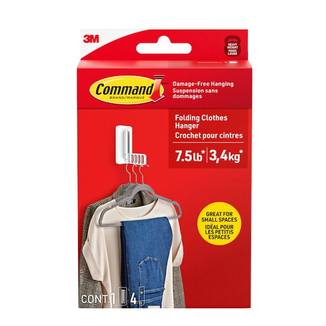Command Folding Clothes Hanger 5 to 7.5 lb for Small Spaces in White Plastic