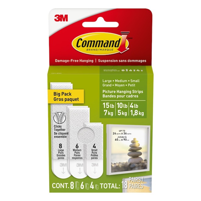Command Picture Hanging Strips with 8 Large 6 Medium and 4 Small - Pack of 18 Pairs