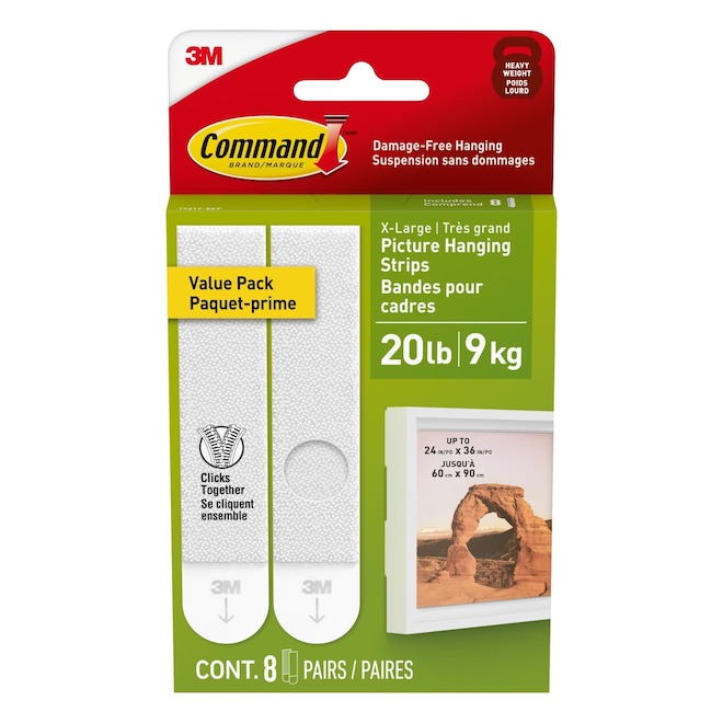 Command Picture Hanging Strips X-Large 20-lb White - Pack of 8 Pairs