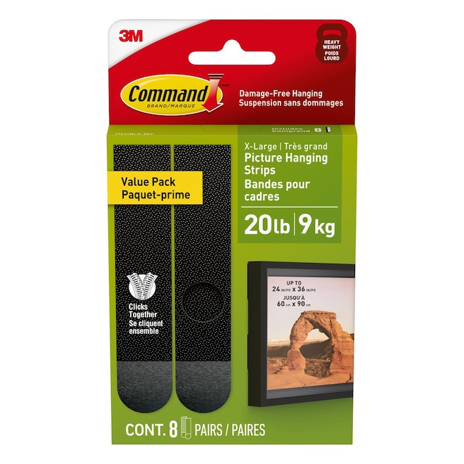 Command Picture Hanging Strips X-Large 20-lb Black - Pack of 8 Pairs