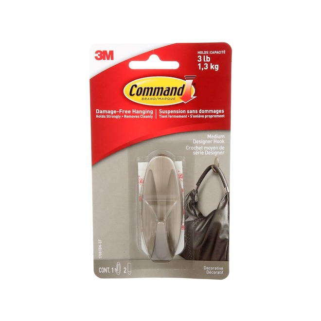 Command Designer Hooks Medium Size in Brushed Nickel Plastic 3-lb