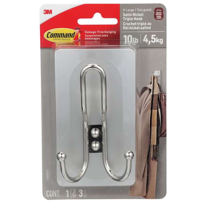 Command Triple Decorative Hook X-Large 10-lb Satin Nickel Finish