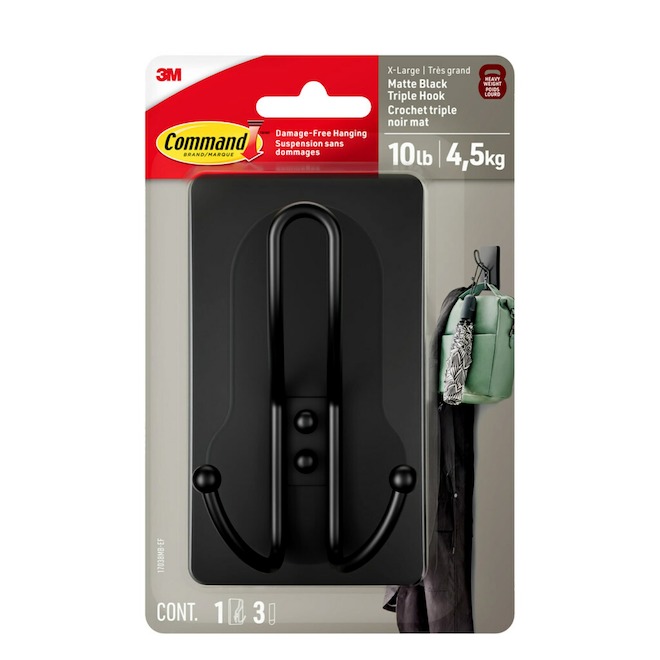 Command Triple Decorative Hook X-Large 10-lb Matte Black Finish