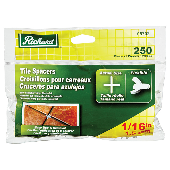 Croisillons d'espacement pour carrelage Richard, plastique, blancs, 1/16 po, paquet de 250