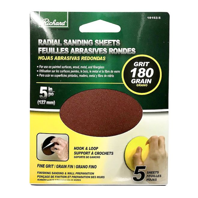 Feuilles abrasives rondes A. Richard Tools 5 po 180 grain, 5/pqt