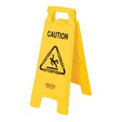 Rubbermaid Caution Floor Sign - Yellow - Bilingual English and French - Plastic - Printed on Both Sides