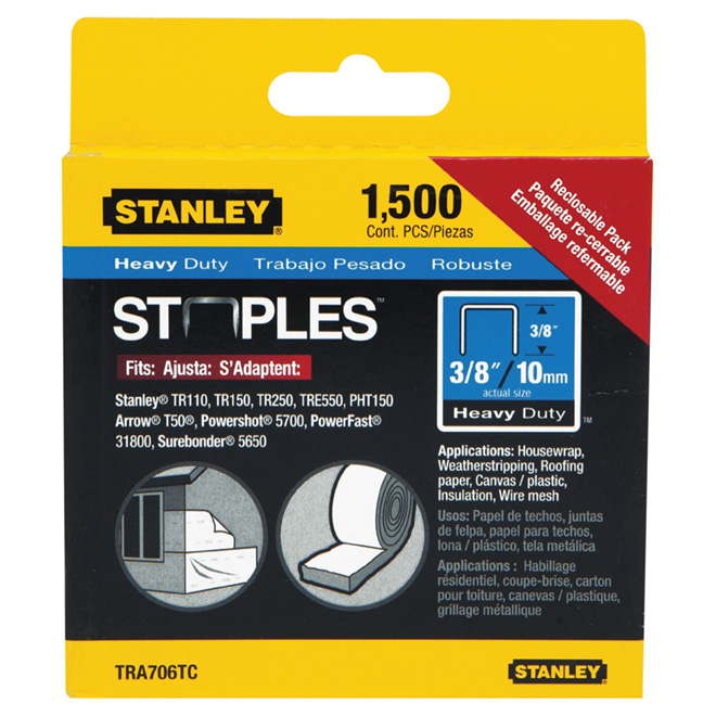 Stanley Heavy-Duty Staples - Steel - 1500 Per Pack - 3/8-in Leg x 27/64-in W Crown